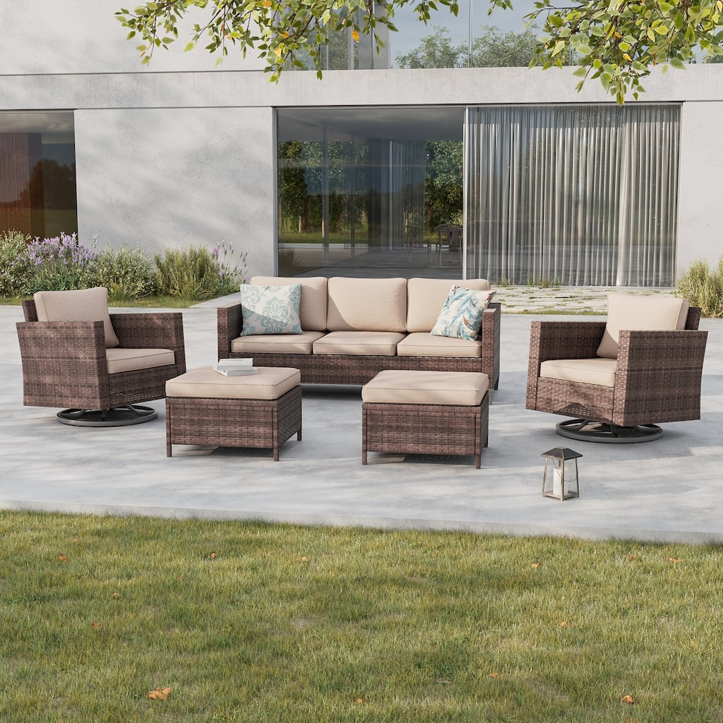BONOSUKI 5Pcs Patio Furniture Swivel Rocking Sofa Set Brown Rattan