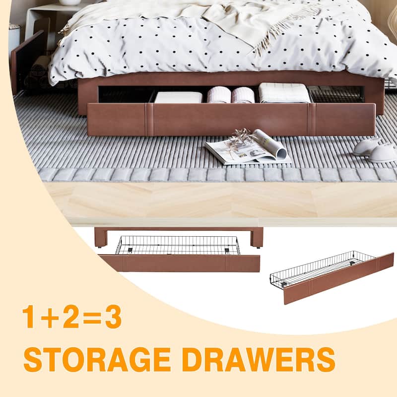 VECELO Bed Frame with Storage Drawers Leather Upholstered with Diamond Tufted Headboard Solid Wood Slat Support