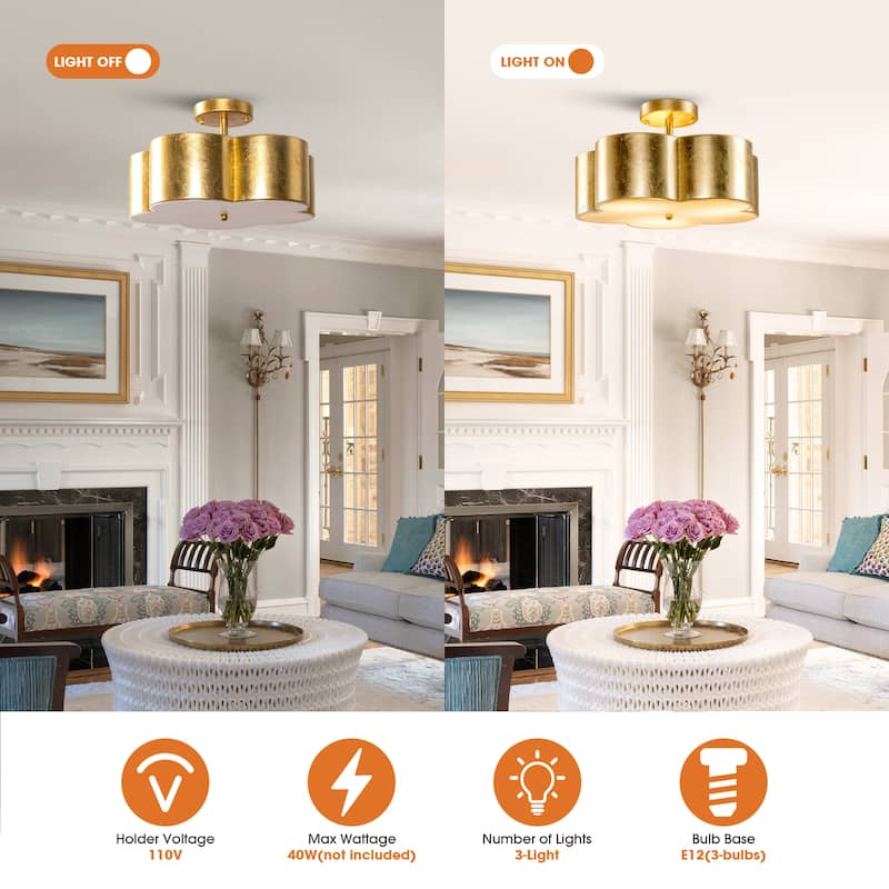 15.4" Distressed Gold 3-Light Flower Semi-Flush Mount Ceiling Light