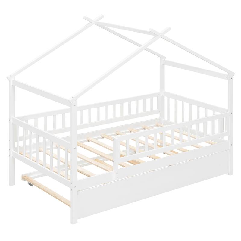 Twin Size Wooden House Bed with Twin Size Trundle