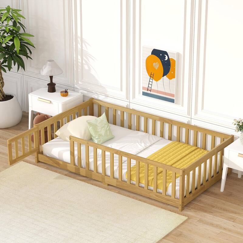 Floor Bed with Fence and Door, Rubber Wood Floor Bed with Safety Guardrails