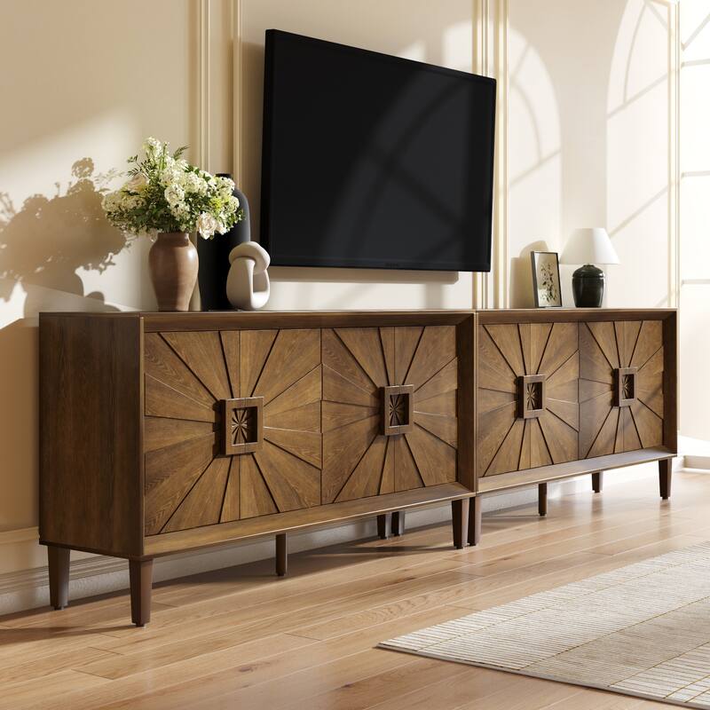 Roomfitters 60" Premium Farmhouse Credenza, Symmetrical Sunburst Door Design TV Stand with Adjustable Shelves, Antique Brown
