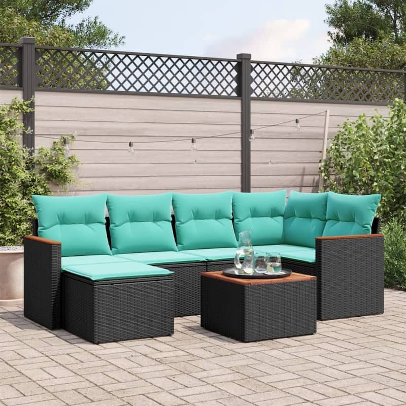 vidaXL 7 Piece Patio Sofa Set with Cushions Black Poly Rattan - 70.7x27.2x70.7-with table
