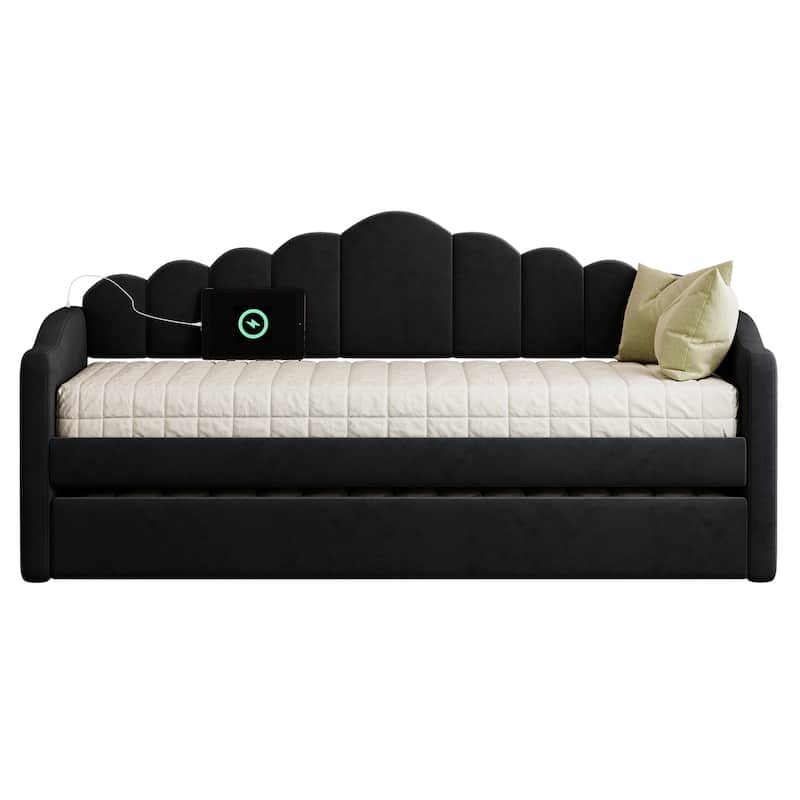 Roomfitters Twin Size Upholstered Daybed with Trundle, Velvet Sofa Bed with USB Charging Ports