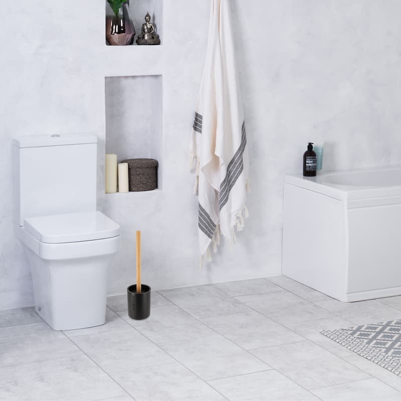 Chic Matte Toilet Brush Holder Set with Natural Bamboo Handle - 4 L x 4 W x 14.8 H