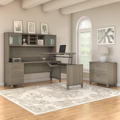 Somerset 72W Sit to Stand L Shaped Desk with Hutch and Cabinet in Gray