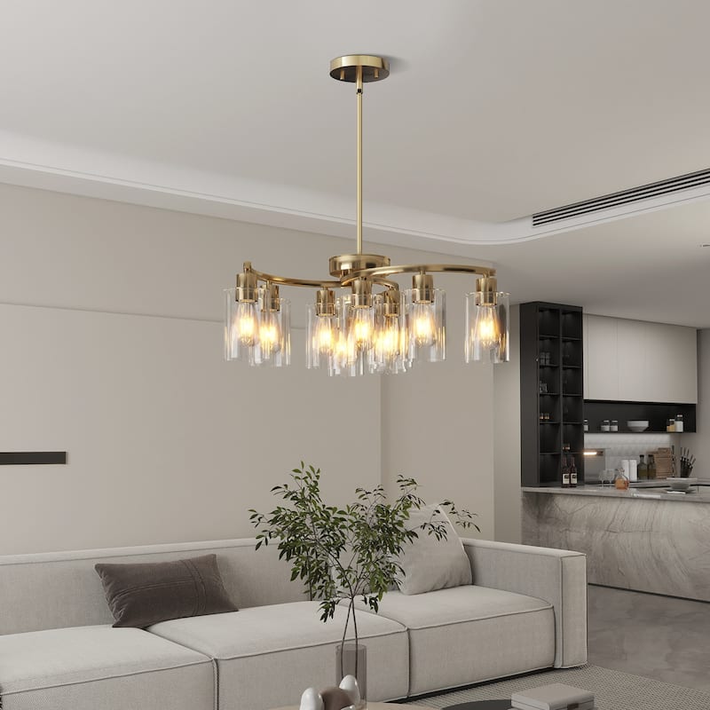 9-Light Glass Chandelier, Adjustable Height Dining Room Light Fixtures Over Table, Contemporary Hanging Chandelier