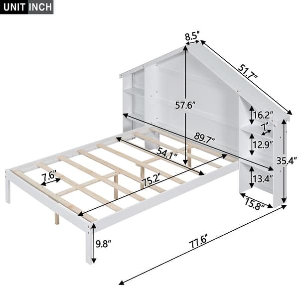 White Full Size Wood Platform Bed with House-shaped Storage Headboard and Built-in LED for Bedroom