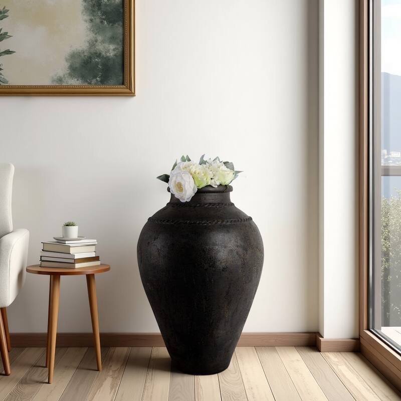 Ceramic Sculpted Rim Textured Floor Vase - 30" - 30.0" - Black
