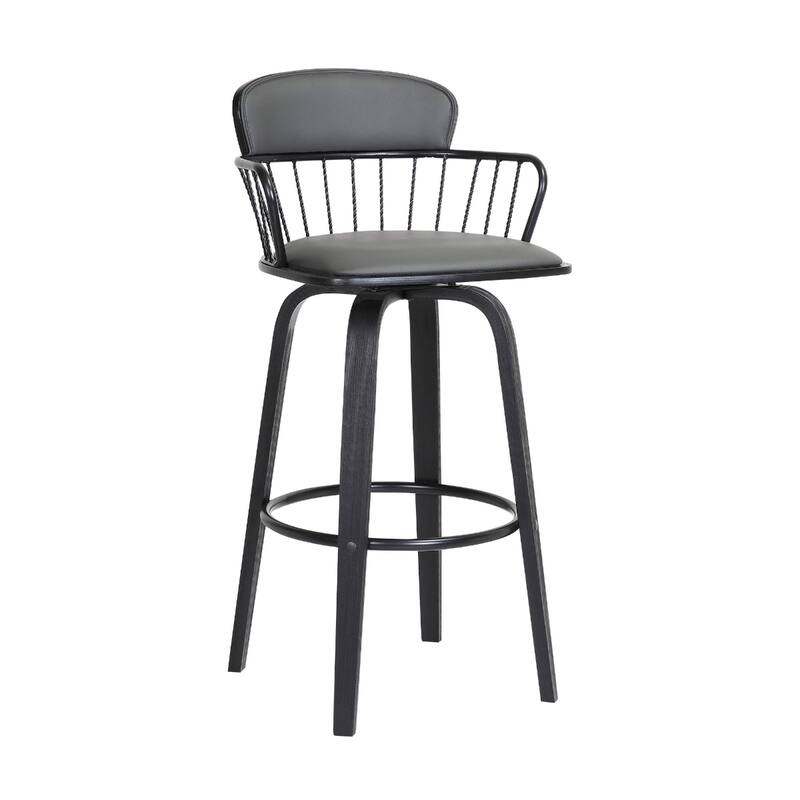 Faux Leather Counter Height Bar Chair with Arms, Swivel and Footrest - Gray And Black  30"