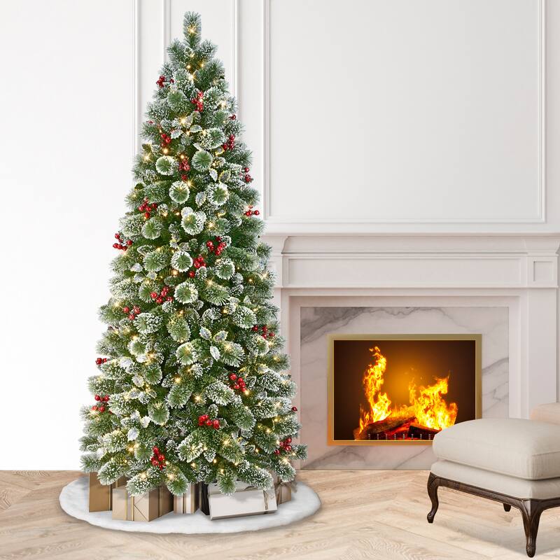 Puleo International 7.5 ft. Pre-Lit Slim Snowy Silverton Pine Artificial Christmas Tree