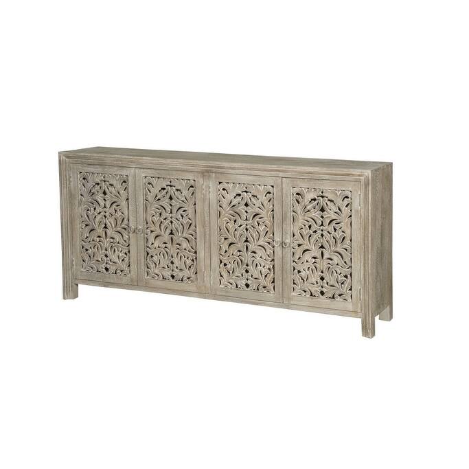 HomeRoots 78" Gray Distressed Solid Wood Carved Floral Sideboard with Four Doors - 78.00 in. x 36.00 in. x 16.00 in.