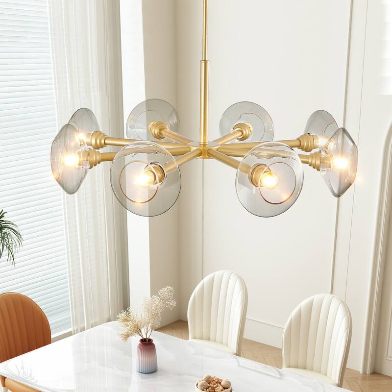 Mid-Century Hanging Pendant Light 8-Light Chandelier with Clear Glass Shades, for Dining Room, Living Room and Kitchen, Gold