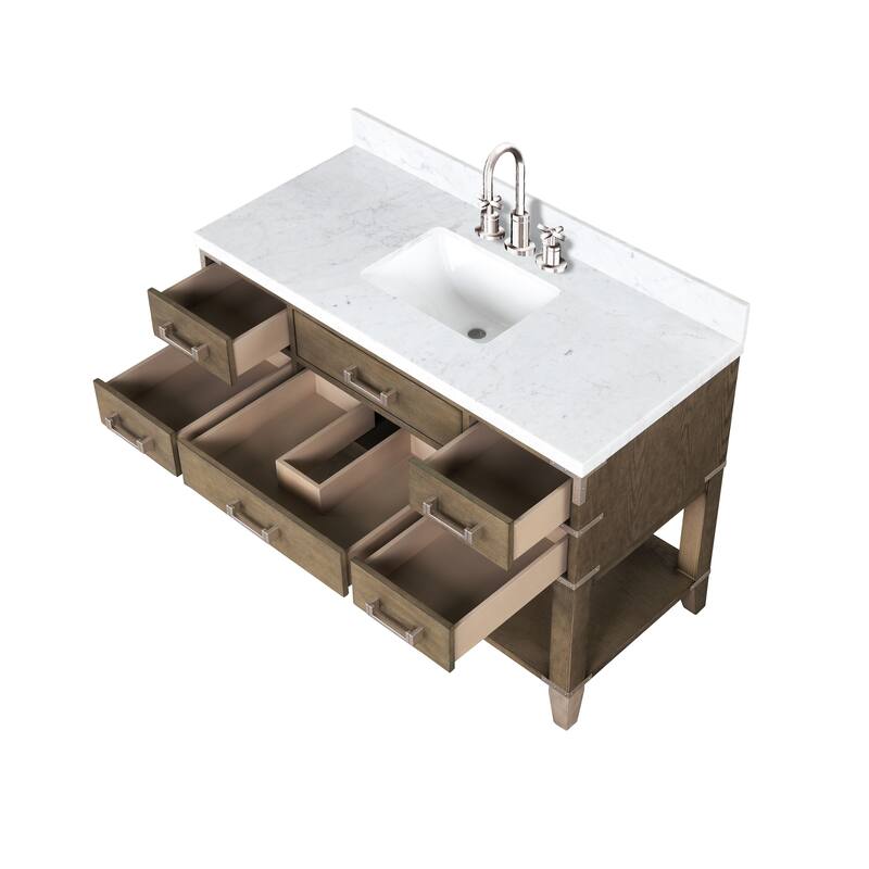Lexora Norwalk Bath Vanity, Carrara Marble Top, Faucet Set, and Mirror