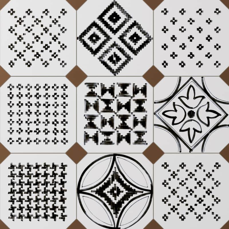 Merola Tile Vaudeville Octagon Deco Sombra with Taco Marron 7-7/8" x 7-7/8" Porcelain Floor and Wall Tile
