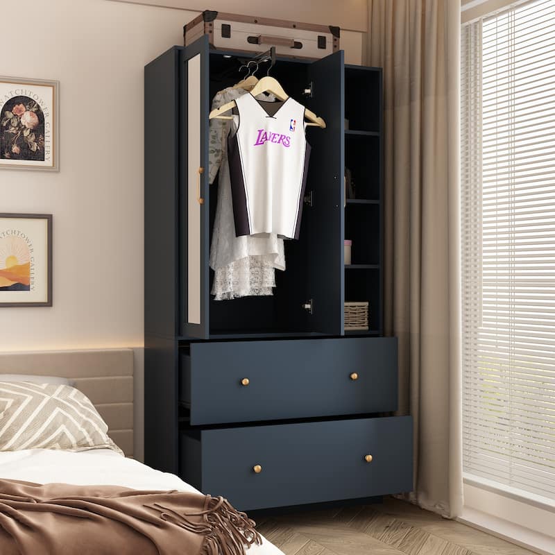 Wardrobe Closet Armoire wi/Mirror & Scalable Hanging Rod Space Saving