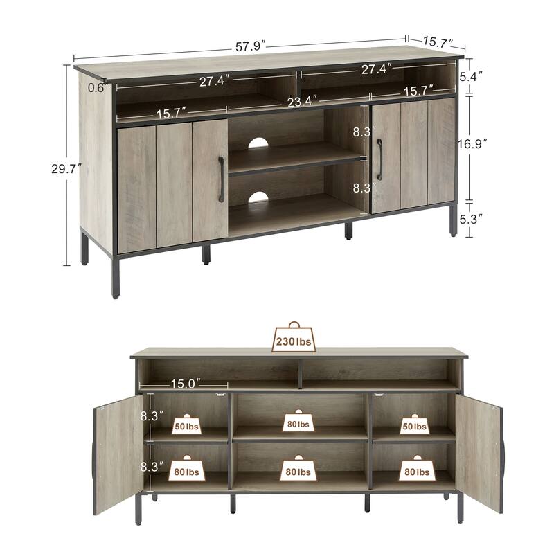 58 Inch Farmhouse TV Stand for up to 65" TV with Doors and Open Shelves Media Console Power Outlet