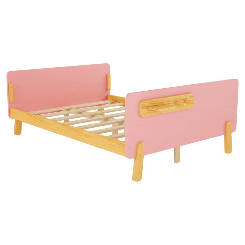 Kids Wood Platform Bed with Guardrails, Bottle Holder and 2 Hanging Rod, Convertible Toddler Daybed, Low Profile Design Frame