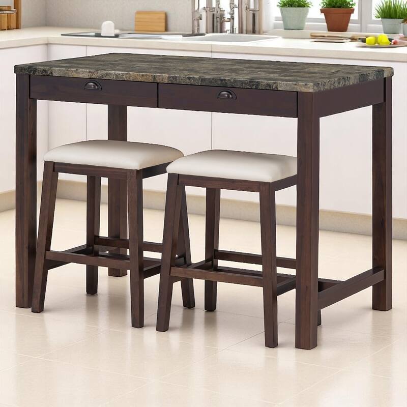 3-Piece Modern Dining Set with Faux Marble Table & 2 Stools, Space-Saving with Storage Drawers, Upholstered for Dining Room