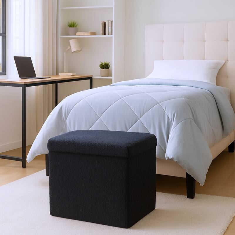 HomeRoots 15" White Boucle Cube Storage Ottoman - Black