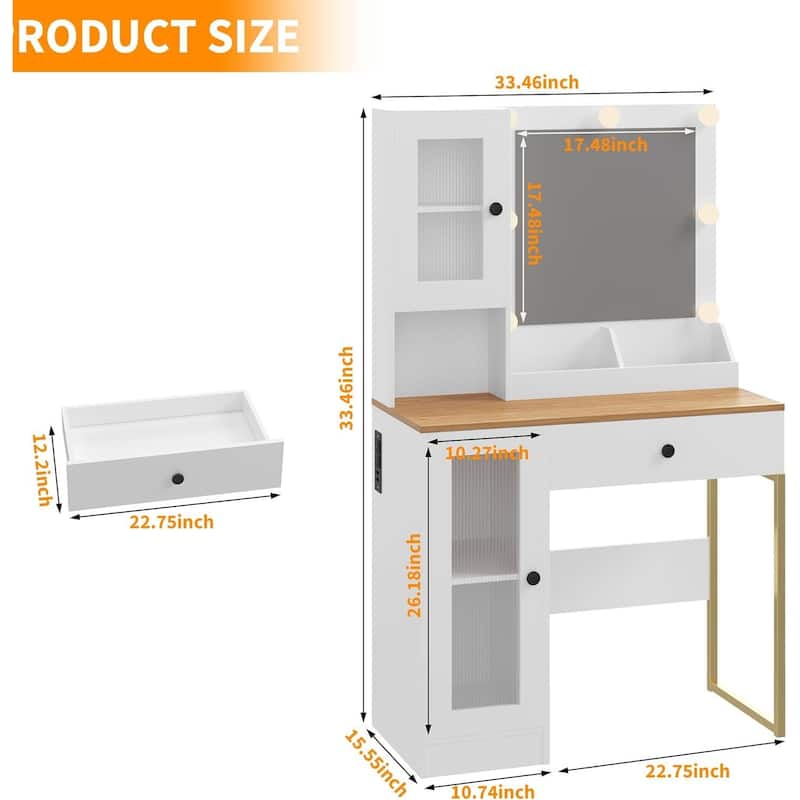 Vanity Desk, Makeup Dressing Table with LED Lights, Mirror, Built-in Outlets & USB Ports