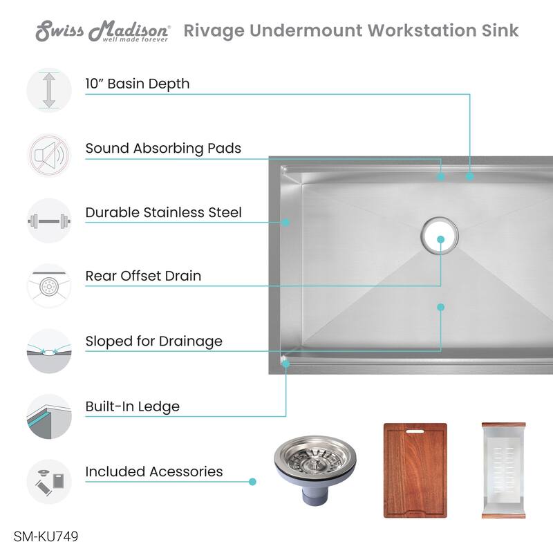 Rivage 32 x 19 Single Basin Undermount Kitchen Workstation Sink - 32 x 19