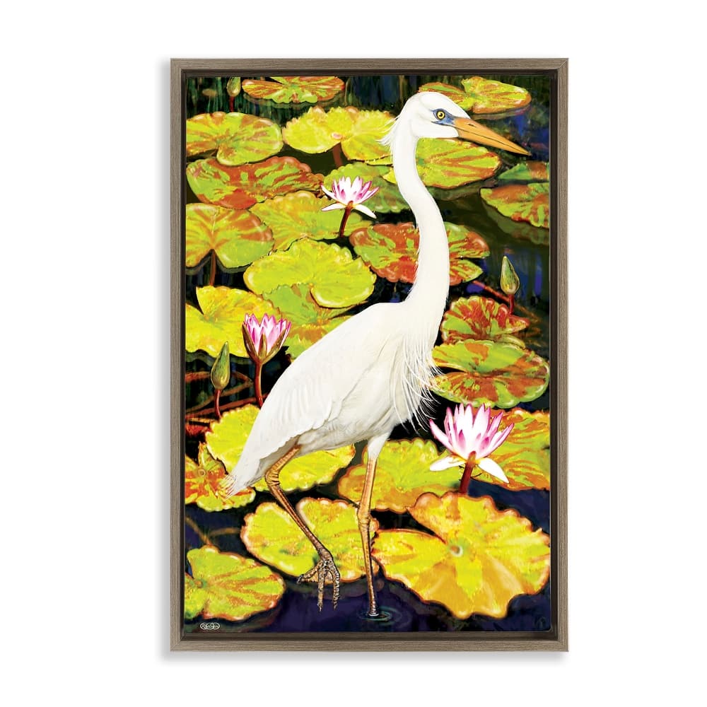 Stupell Stepping Bird on Lily Pads Framed Floater Canvas Wall Art Design By Rosiland Solomon