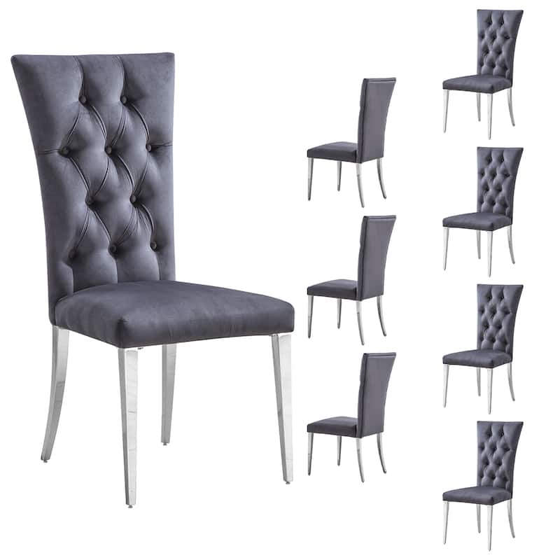 Modern Stylish Grey Velvet Buttons Tufted Upholstered Dining Room Chairs with Silver Stainless Steel Legs