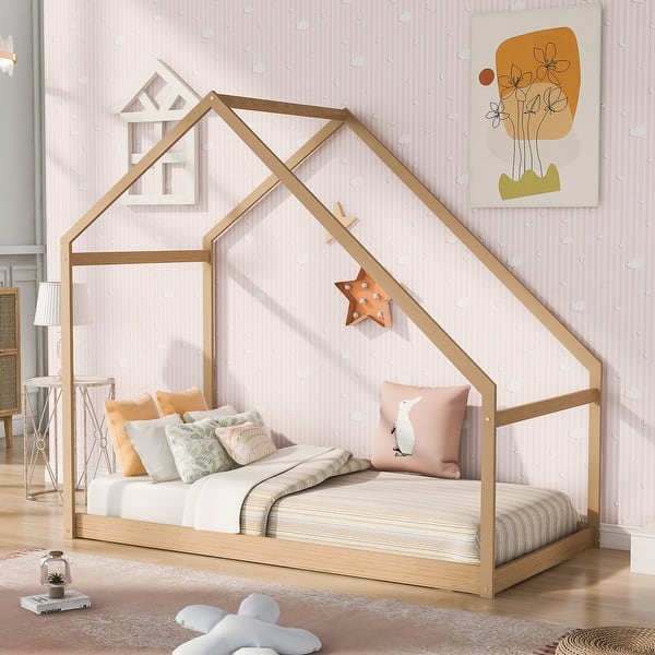 slide 2 of 9, Modern Style Pine Wood Twin Size Wooden House Bed, Versatile Design, Can Be Decorated Natural