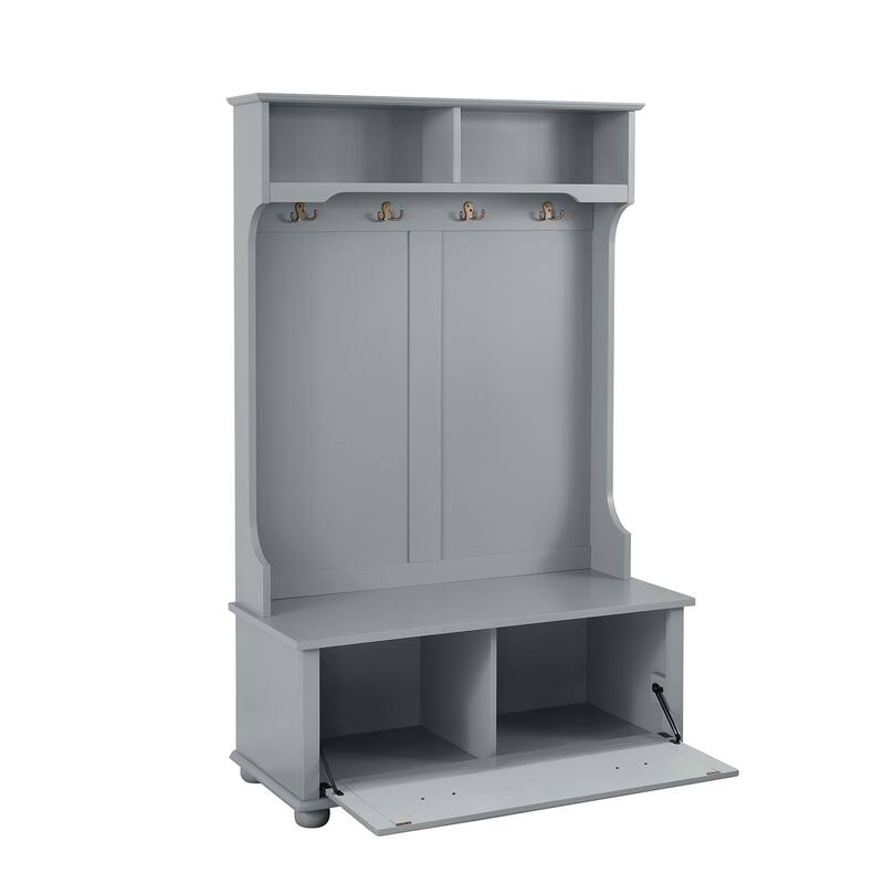 Modern Hall Tree Cosatal Style Entryway Storage Bench With Open Shelves And Shoe Cabinets, Coat Rack Storage Organizer
