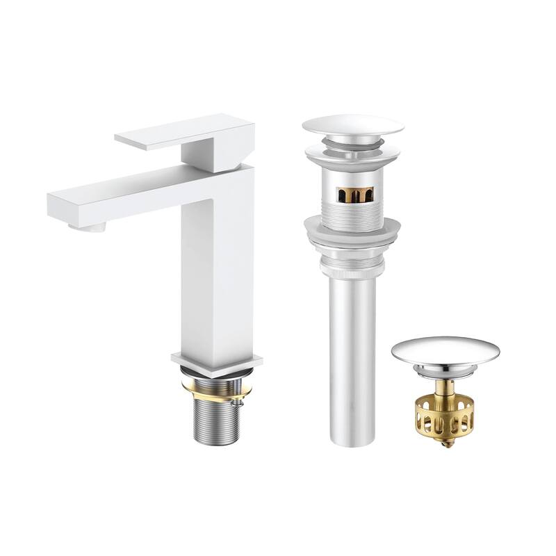 Fine Fixtures Modern Single Hole Bathroom Sink Faucet with Pop-up Drain and Strainer Basket - Matte White