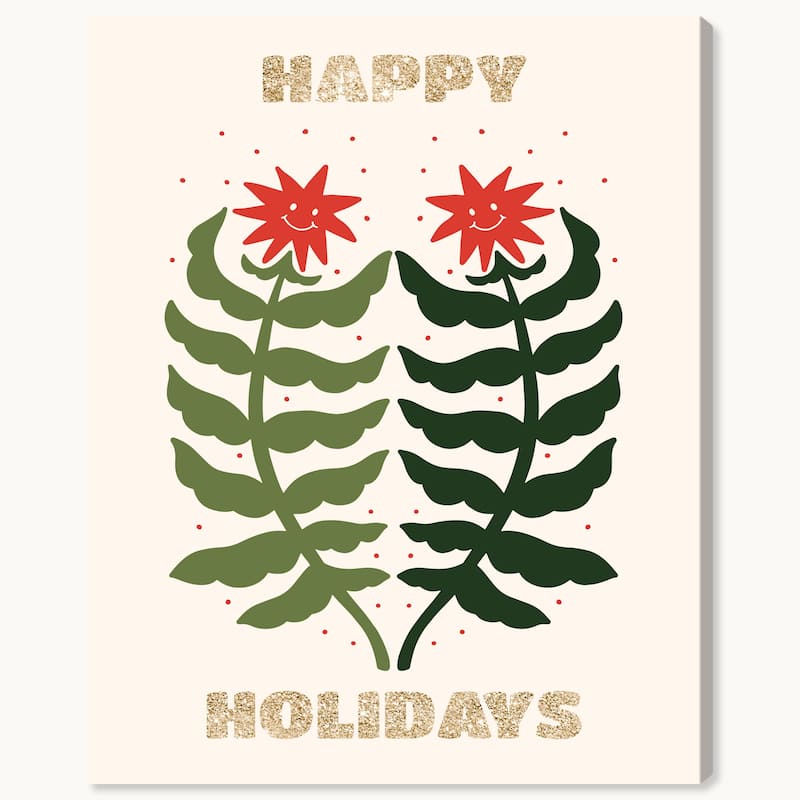 Wynwood Studio Canvas Holiday and Seasonal Happy Glitter Leaning Trees Gold Modern & Contemporary Wall Art Canvas Print