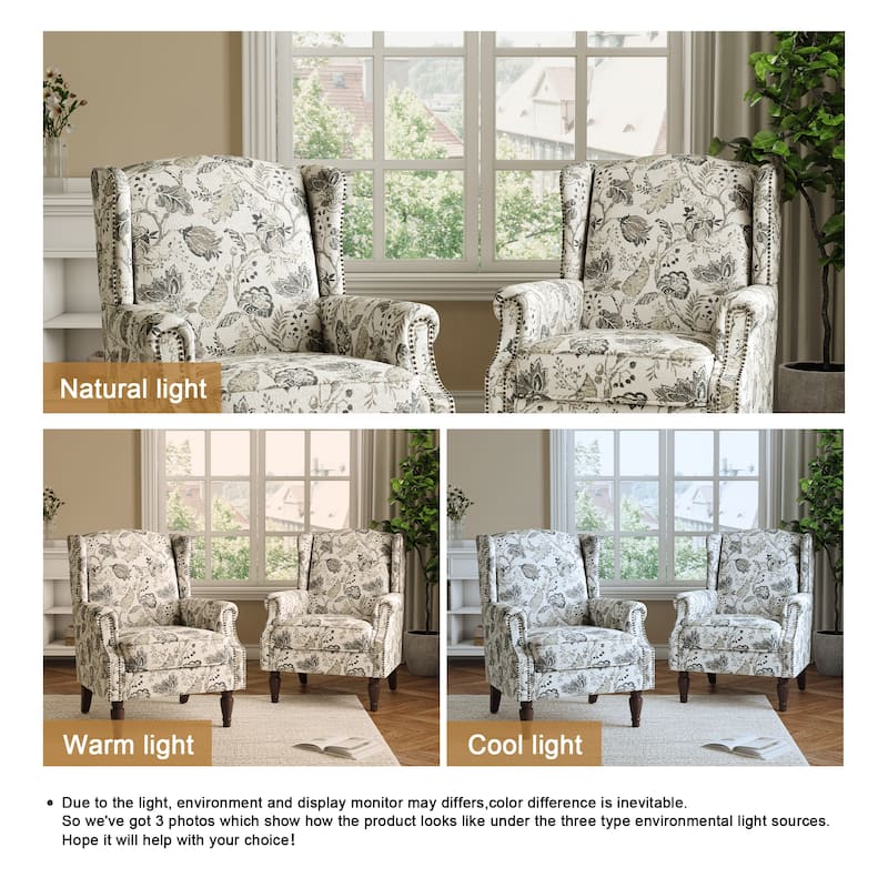 2 Set Transitional Patterned Wingback Accent Chairs with NailHead