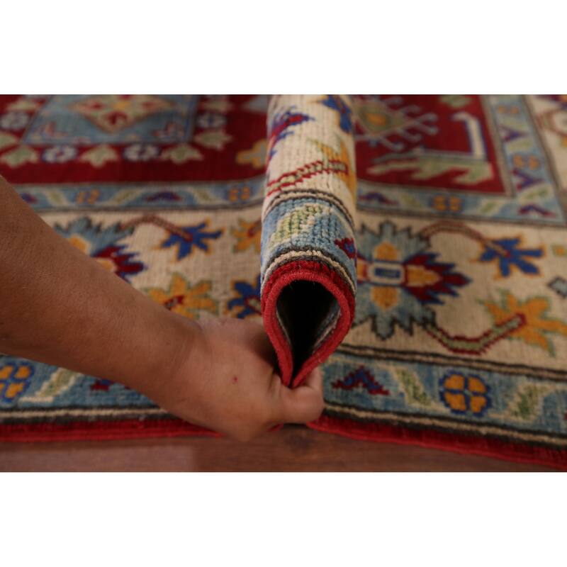 Hand Knotted Oriental 100% Wool Carpet Traditional Geometric Red Kazak Area Rug - 8' 7'' X 6' 2''