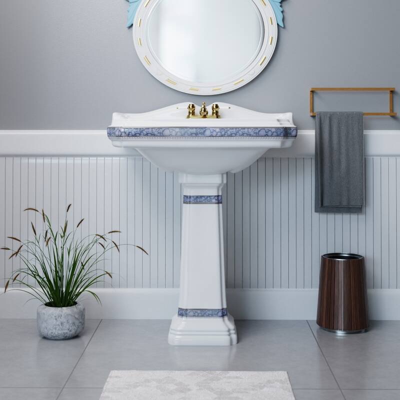 Decorative White Blue and Gold Bathroom Pedestal Sinks, 4" Centerset Faucet Holes