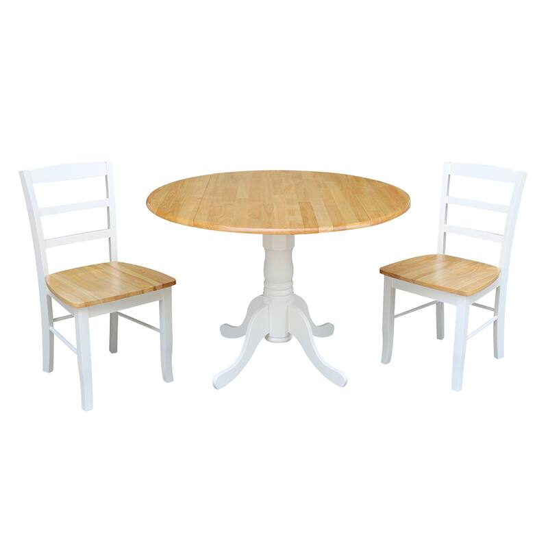 42-inch Dual Drop-leaf Pedestal 3-piece Dining Set - White/Natural