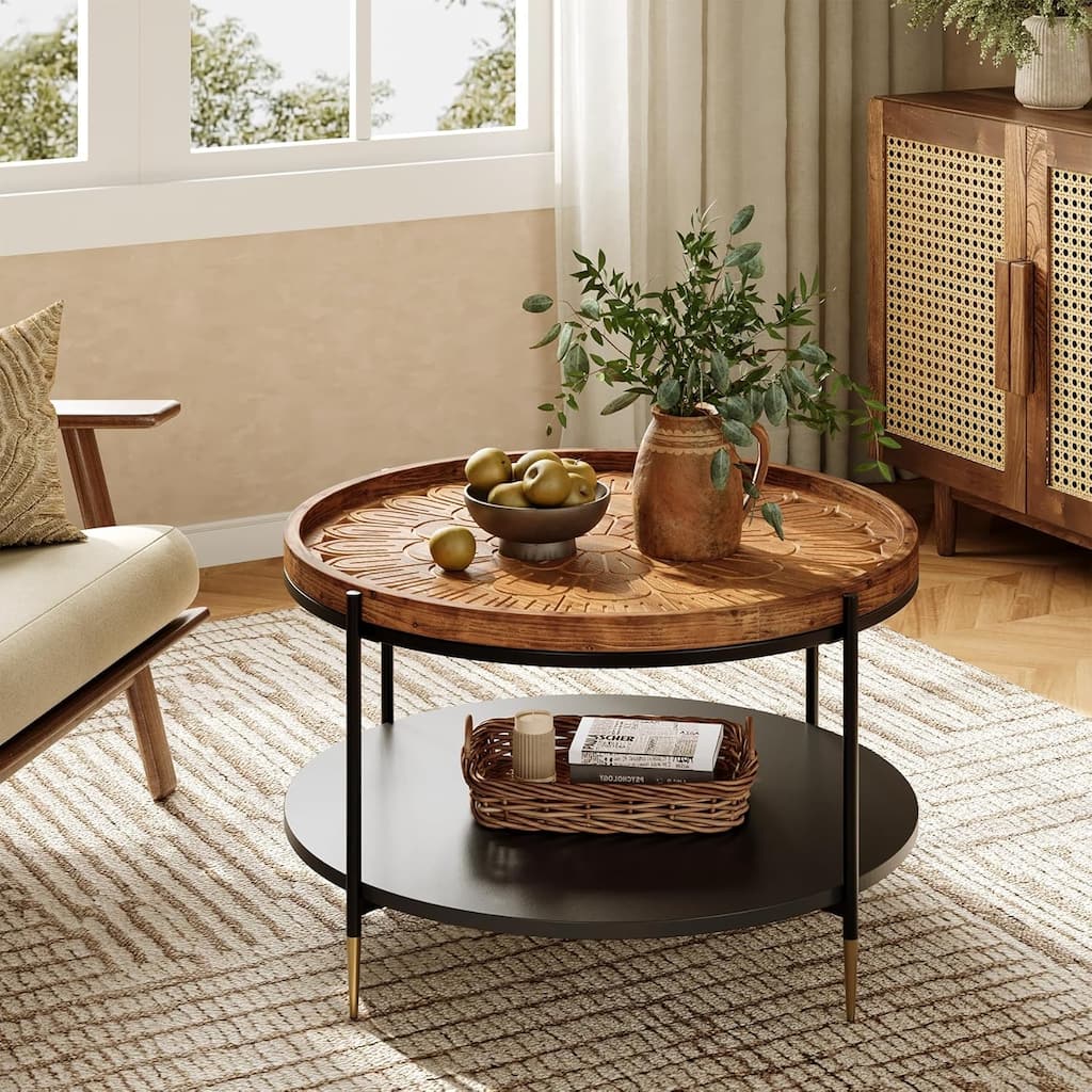 31.5-Inch Boho Solid Wood Round Coffee Table with Metal Storage Frame & Carved Floral Pattern for Small Spaces, Apartment