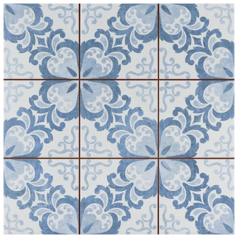 Merola Tile Harmonia Floral Lattice Blue 13" x 13" Ceramic Floor and Wall Tile