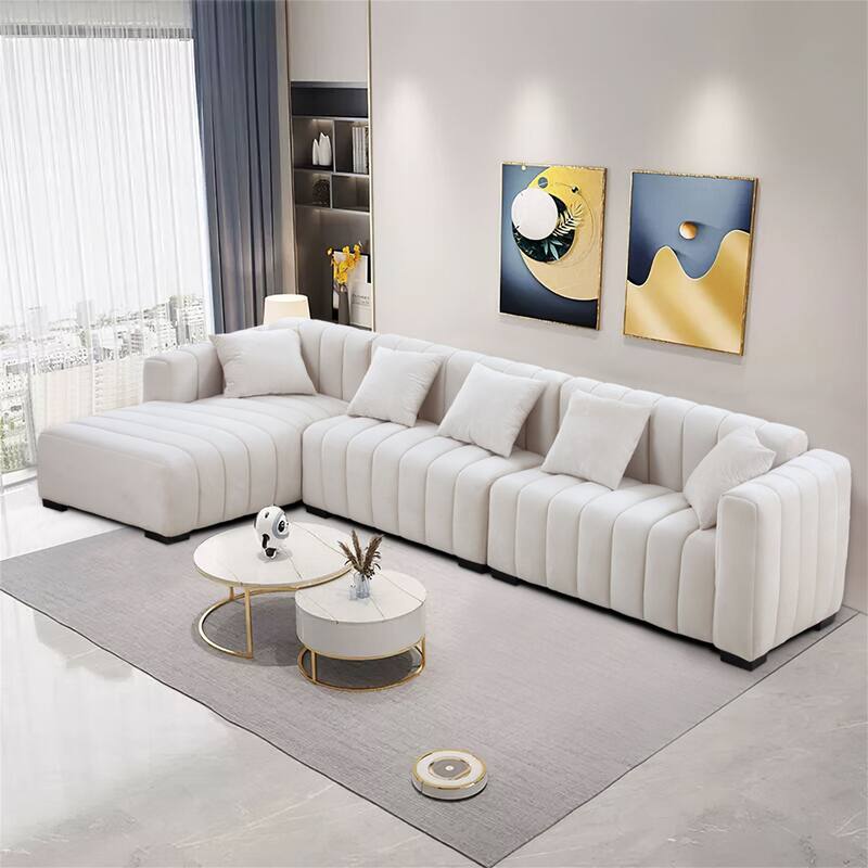 Channel Tufted Sofa Velvet Upholstered Left Chaise Modular Sofa - Beige