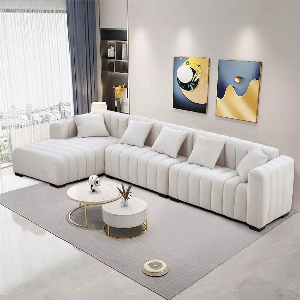 Channel Tufted Sofa Velvet Upholstered Left Chaise Modular Sofa