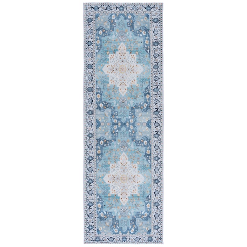 SAFAVIEH, Tucson Machine Washable Slip Resistant Queenie Oriental Medallion - 2'6" x 8' Runner - Aqua/Light Blue