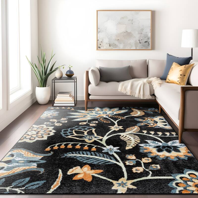 Beige Multi Floral Medallion Stylish and Durable Area Rug - Black - 7' 10" x 10'