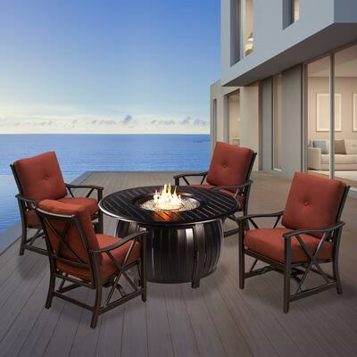 Aluminum 44-in Round Antique Copper Fire Table Set with Four Deep Seating Rocking Chairs with Accessories