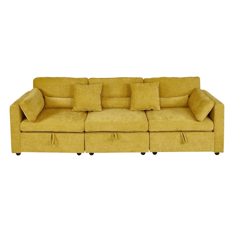 Chenille 3-Seater Sofa, Solid Wood and Rustproof Feet - Yellow