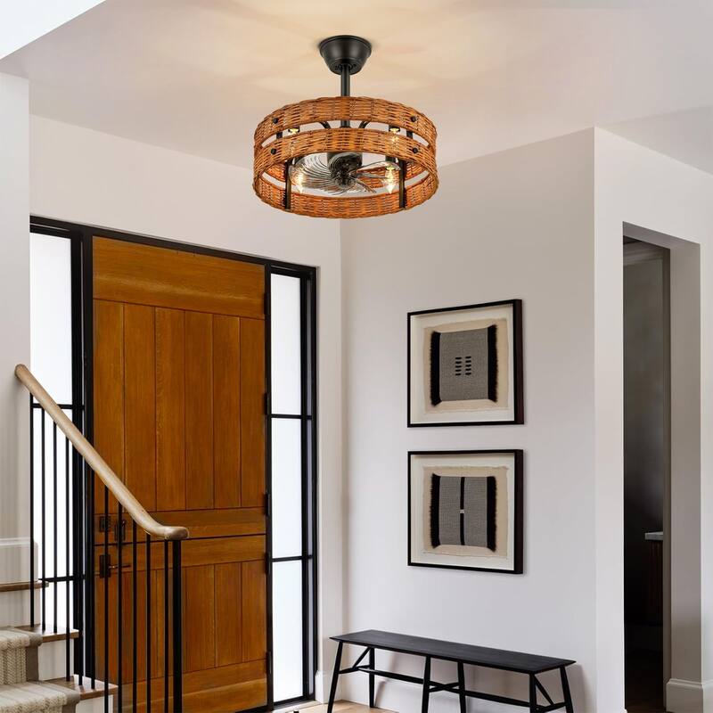 4-Light Farmhouse Brown and Black Woven Rattan Drum Ceiling Fan Lighting with Remote Control - 19.3 in. W x 6.9 in. H