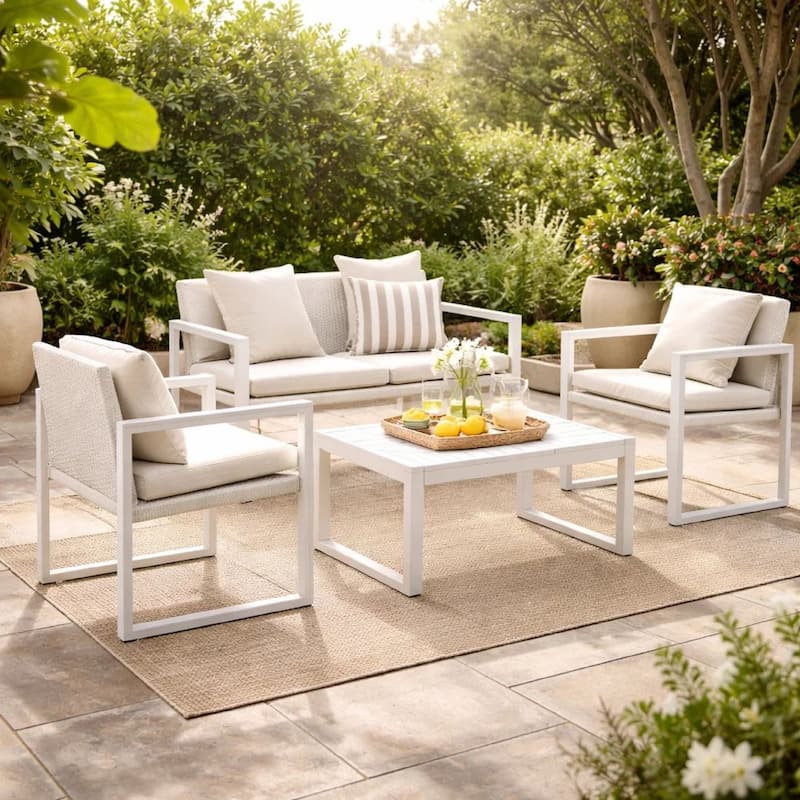 Lark 50 Inch Sofa and Table Set, All Weather Rattan, White Fabric Cushions