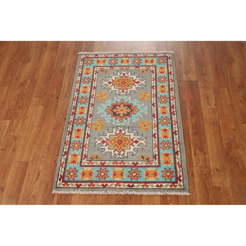 Gray Turquoise Kazak Oriental Foyer Rug Hand-Knotted Wool Carpet - 2'0"x 3'0"