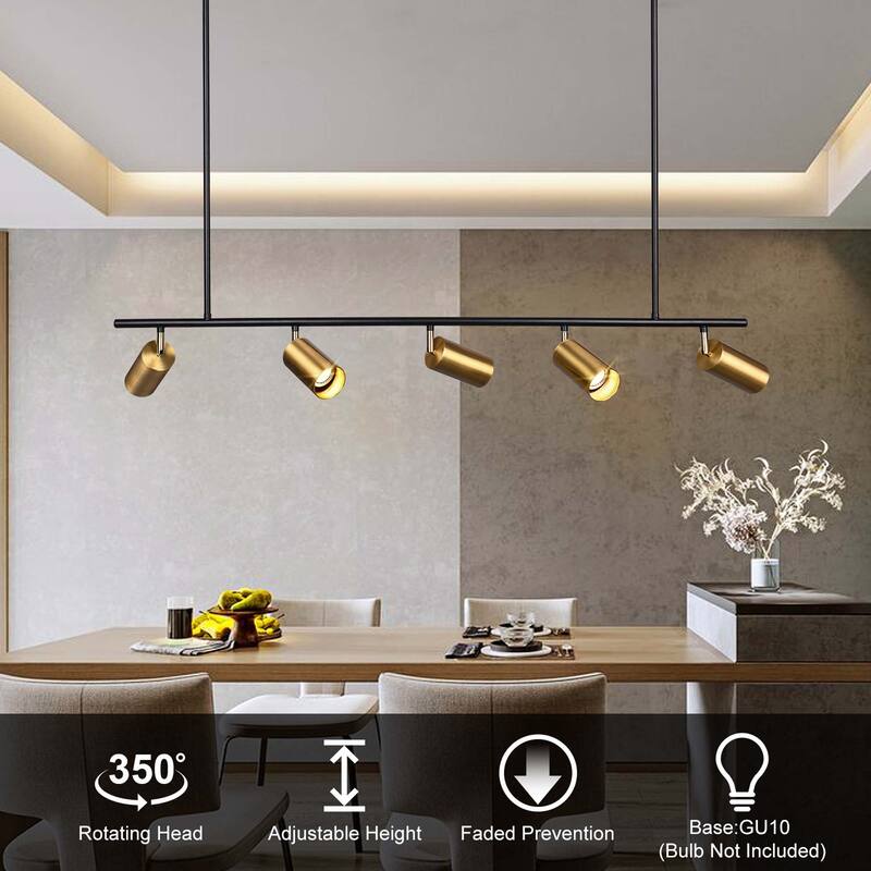 5-Light Black/ Gold Modern Industrial Adjustable Linear Ceiling Track Lighting Kit Spot Tracking Light Pendant