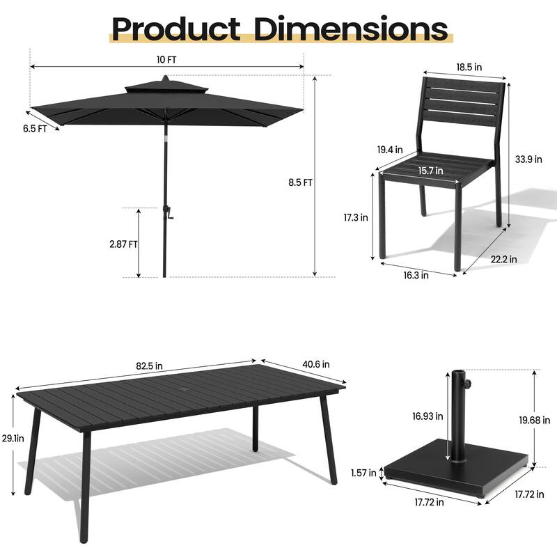 11 PC Outdoor Patio Dining Set Wood-Like Aluminum Umbrella Hole Table with Stackable Chairs,Double Top Market Umbrella and Base