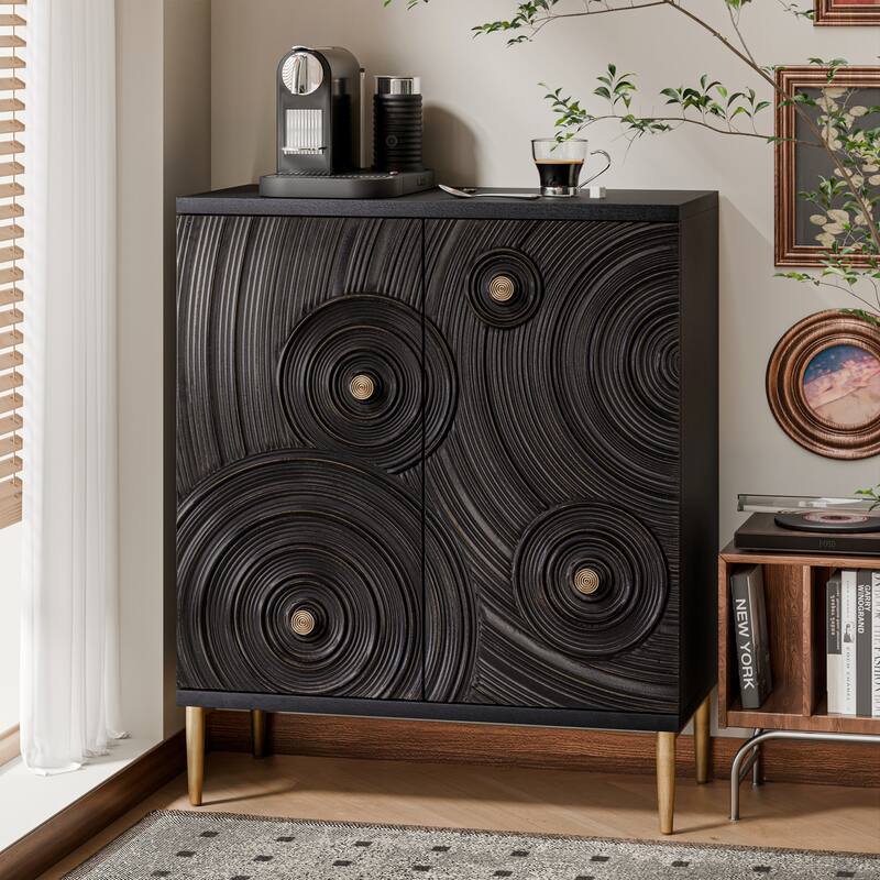 COZAYH Farmhouse 2 Door Embossed Storage Cabinet with Ring Motif, Distressed Boho Storage Buffet Cabinet